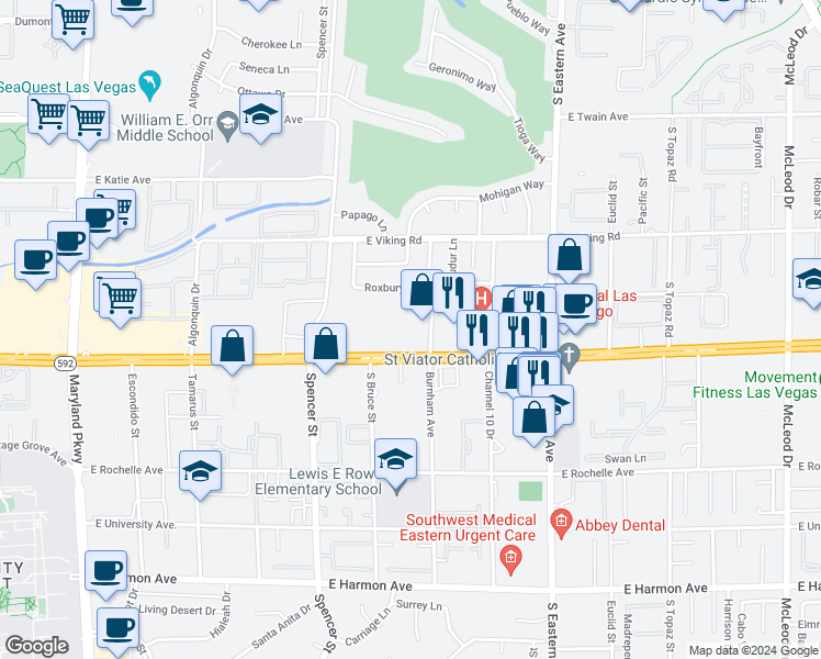 map of restaurants, bars, coffee shops, grocery stores, and more near 2080 East Flamingo Road in Las Vegas