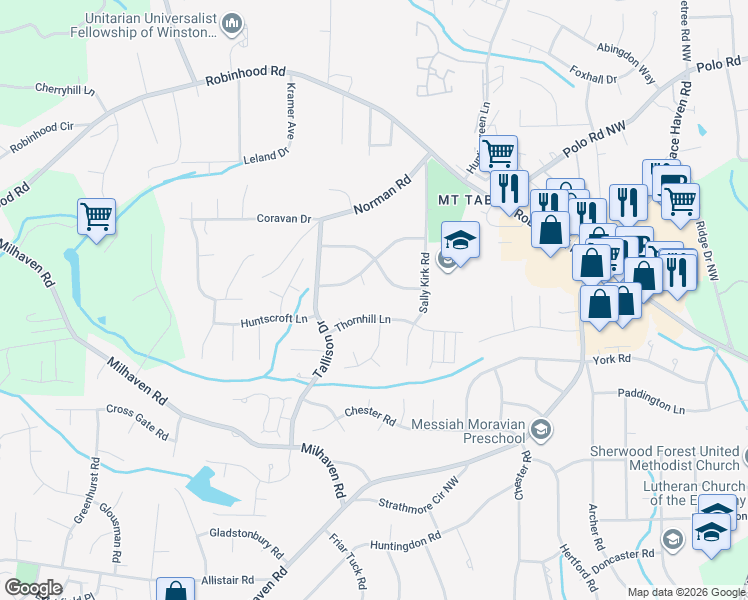 map of restaurants, bars, coffee shops, grocery stores, and more near 3501 Woodmere Place in Winston-Salem