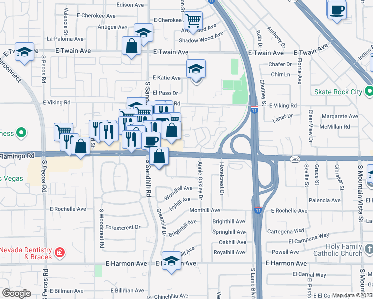 map of restaurants, bars, coffee shops, grocery stores, and more near 3949 Weybridge Drive in Las Vegas