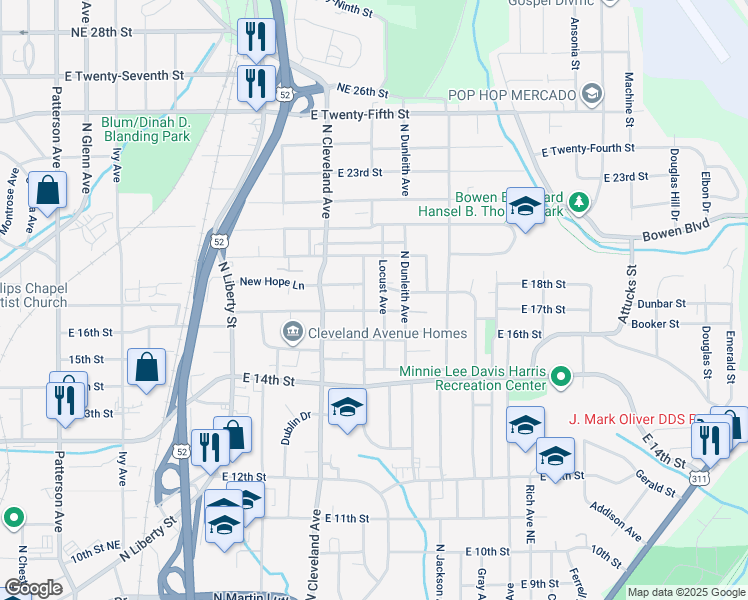 map of restaurants, bars, coffee shops, grocery stores, and more near 1711 Claremont Avenue Northeast in Winston-Salem