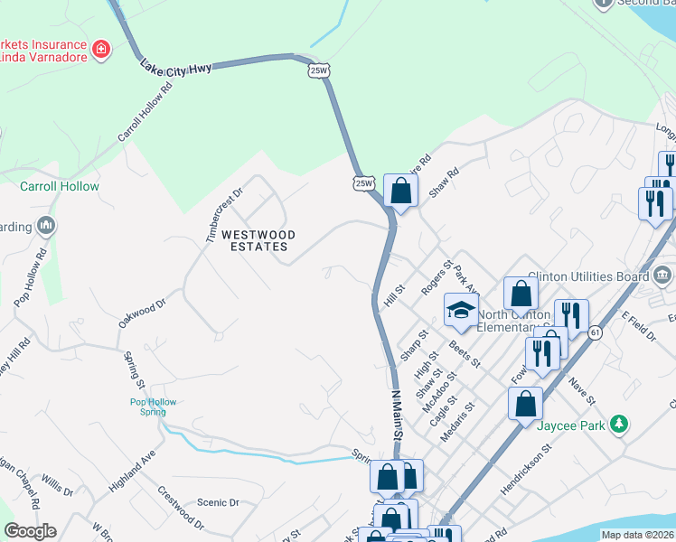 map of restaurants, bars, coffee shops, grocery stores, and more near 748 North Main Street in Clinton