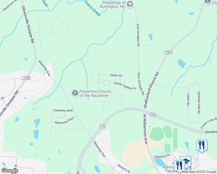 map of restaurants, bars, coffee shops, grocery stores, and more near 1284 Stone Gables Drive in Elon