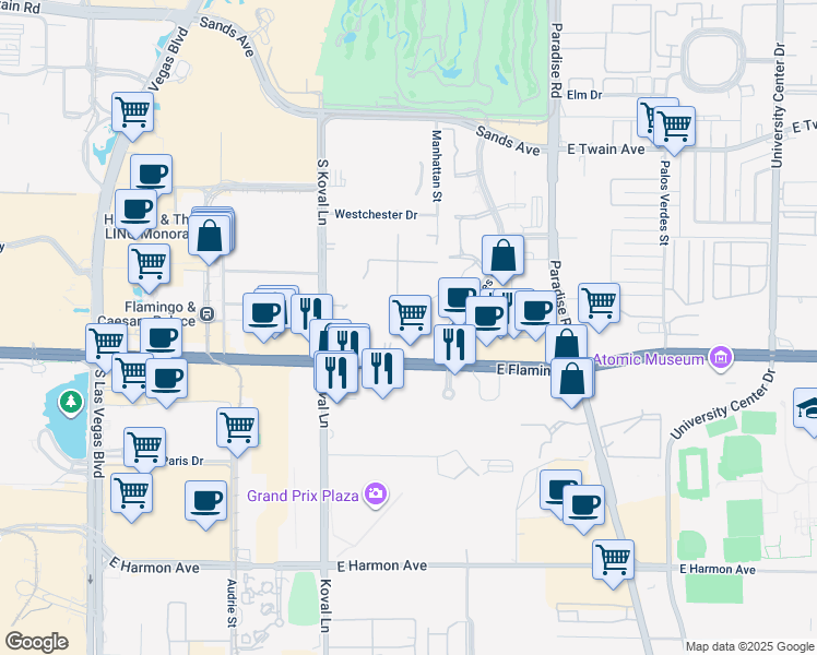 map of restaurants, bars, coffee shops, grocery stores, and more near 270 East Flamingo Road in Las Vegas