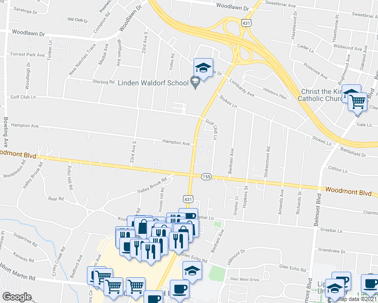 map of restaurants, bars, coffee shops, grocery stores, and more near 2101 Hampton Avenue in Nashville