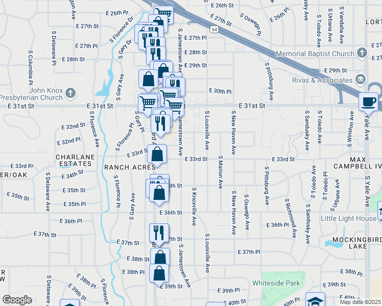 map of restaurants, bars, coffee shops, grocery stores, and more near 3242 South Knoxville Avenue in Tulsa