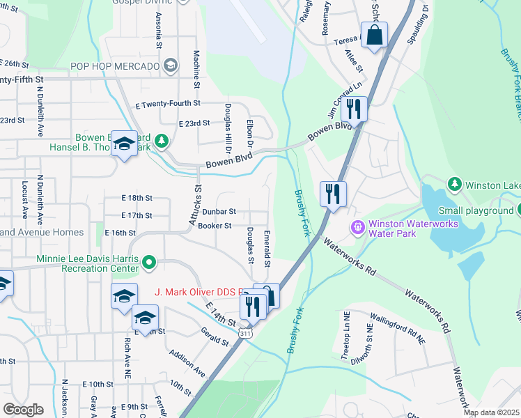 map of restaurants, bars, coffee shops, grocery stores, and more near 2411 Dunbar Street in Winston-Salem