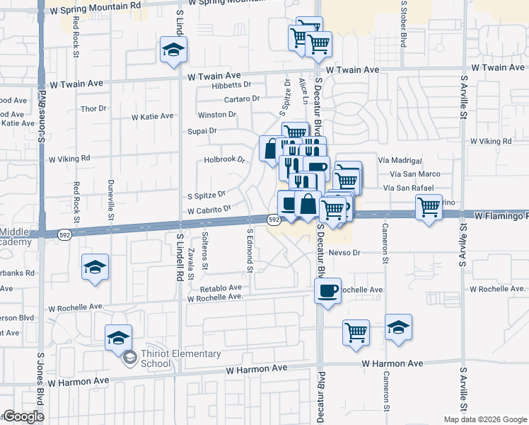 map of restaurants, bars, coffee shops, grocery stores, and more near 4082 Crete Lane in Las Vegas