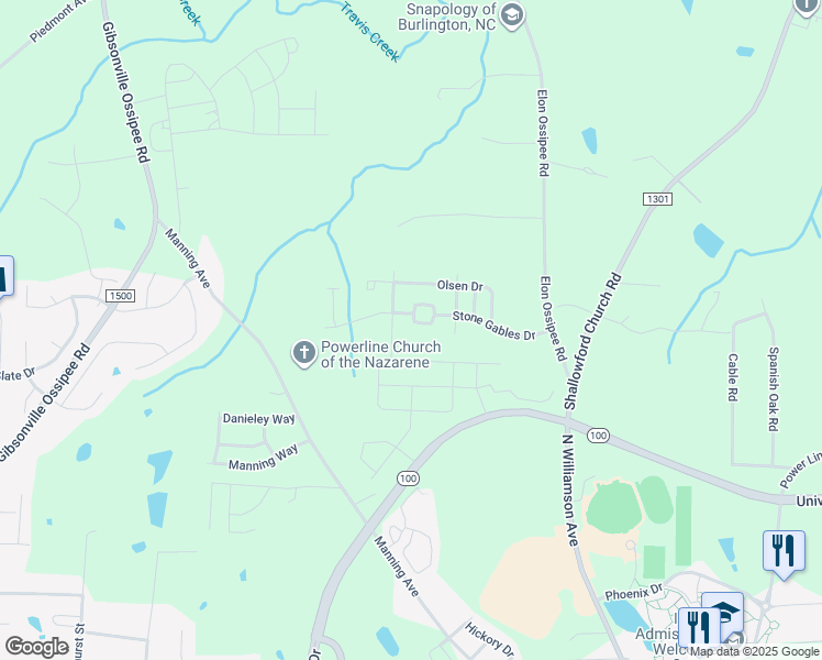 map of restaurants, bars, coffee shops, grocery stores, and more near 1284 Stone Gables Drive in Elon