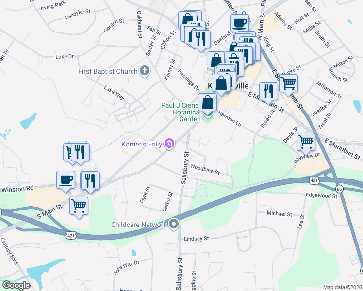 map of restaurants, bars, coffee shops, grocery stores, and more near 401 South Main Street in Kernersville