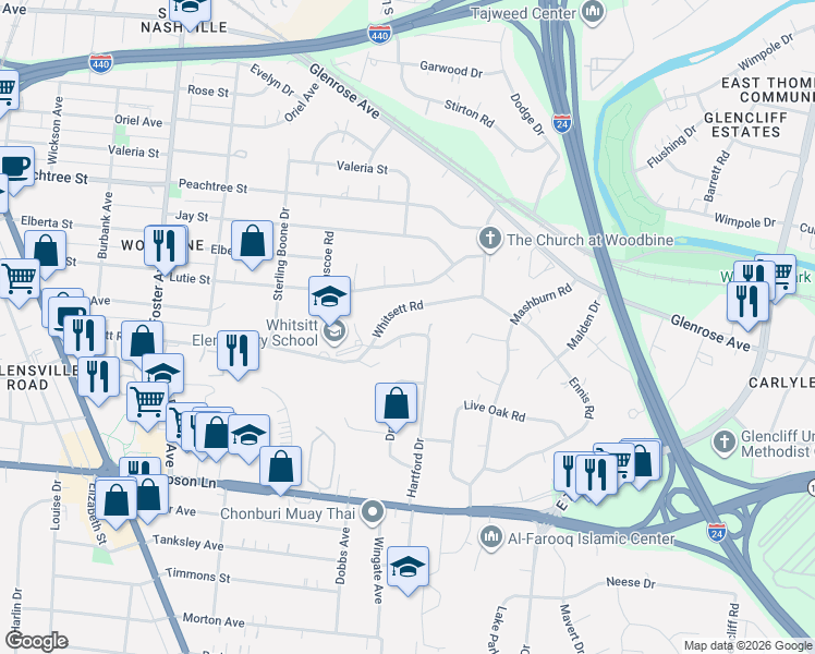 map of restaurants, bars, coffee shops, grocery stores, and more near 2696 Hartford Drive in Nashville