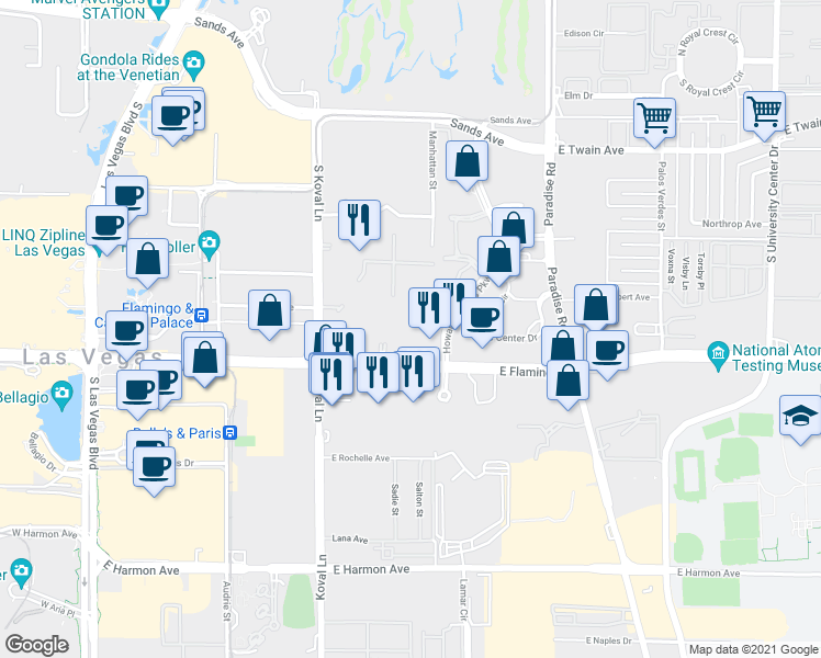 map of restaurants, bars, coffee shops, grocery stores, and more near 260 East Flamingo Road in Las Vegas