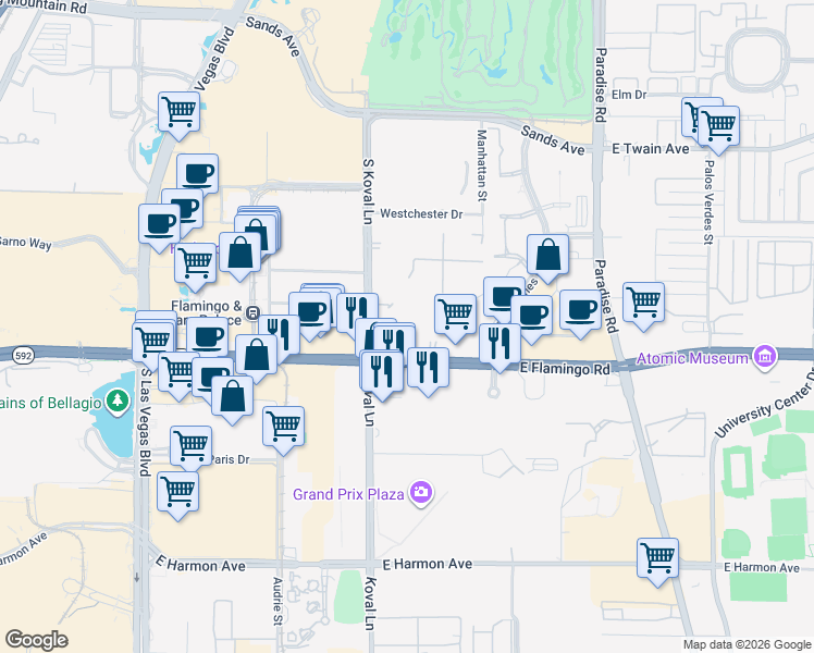 map of restaurants, bars, coffee shops, grocery stores, and more near in Paradise