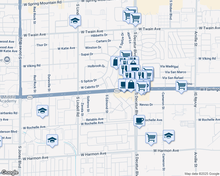 map of restaurants, bars, coffee shops, grocery stores, and more near 4082 Crete Lane in Las Vegas