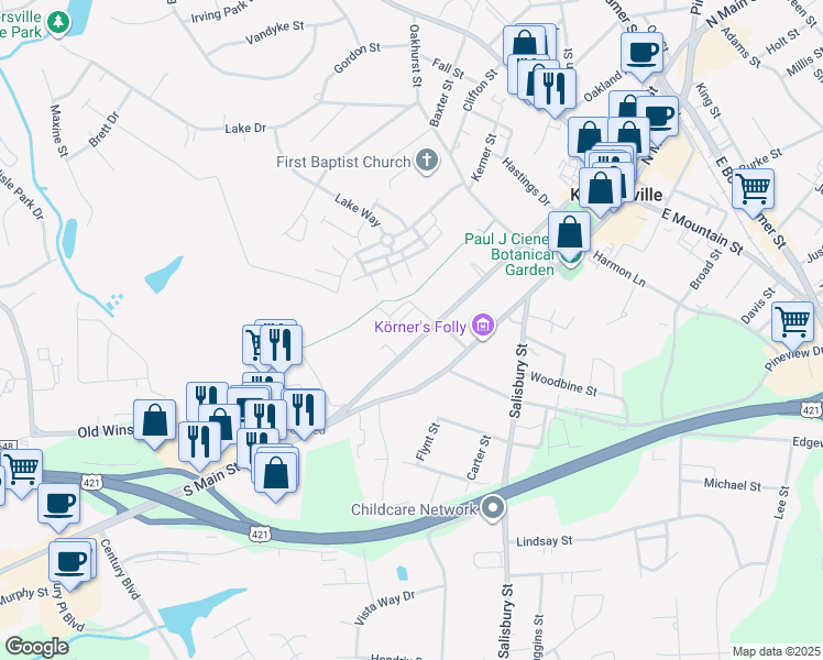 map of restaurants, bars, coffee shops, grocery stores, and more near 540 South Cherry Street in Kernersville