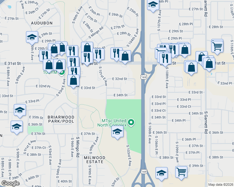 map of restaurants, bars, coffee shops, grocery stores, and more near 10127 East 34th Street in Tulsa