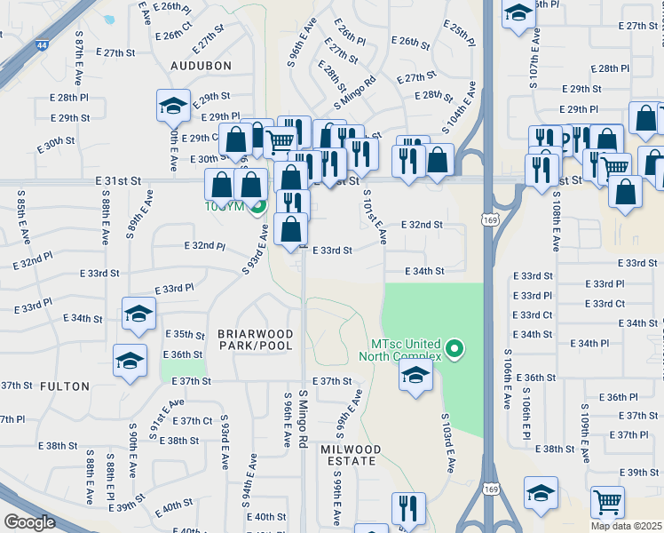map of restaurants, bars, coffee shops, grocery stores, and more near 9716 East 33rd Street in Tulsa