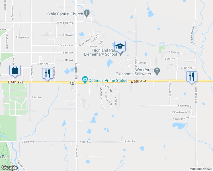 map of restaurants, bars, coffee shops, grocery stores, and more near 2404 East 7th Avenue in Stillwater