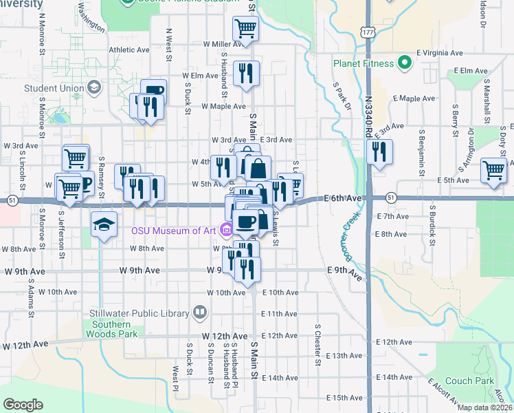 map of restaurants, bars, coffee shops, grocery stores, and more near in Stillwater