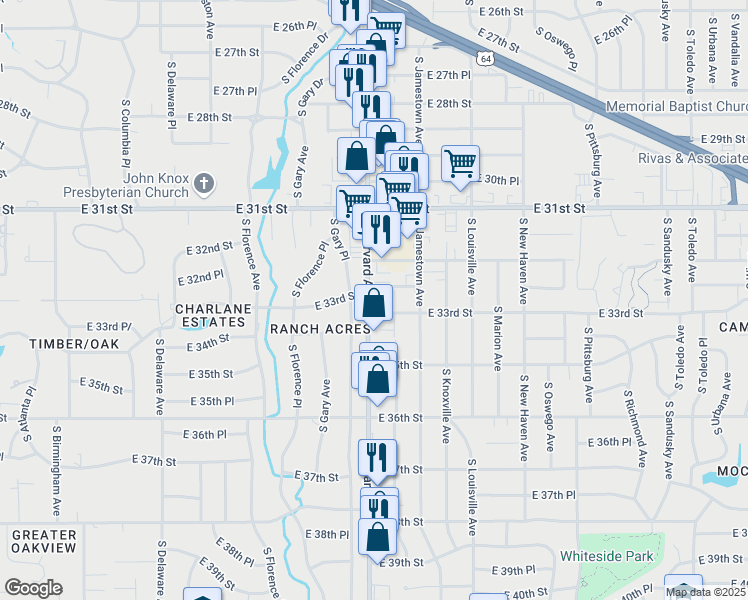 map of restaurants, bars, coffee shops, grocery stores, and more near 3241 South Harvard Avenue in Tulsa
