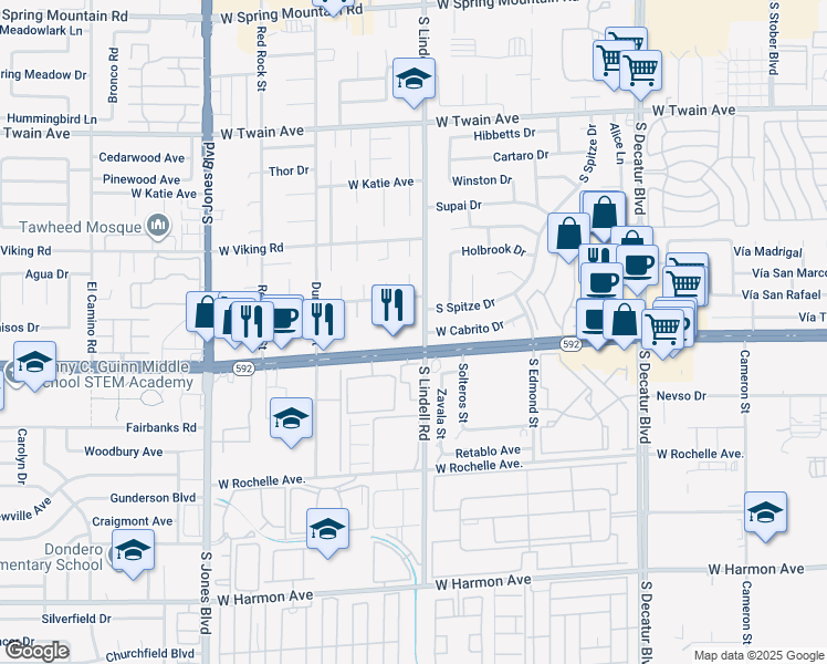 map of restaurants, bars, coffee shops, grocery stores, and more near 5481 West Cabrito Drive in Las Vegas