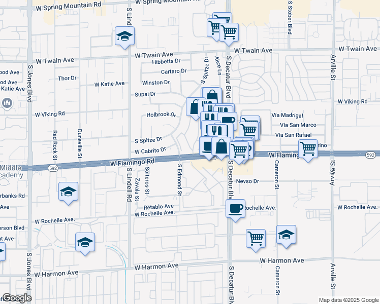 map of restaurants, bars, coffee shops, grocery stores, and more near 4082 Crete Lane in Las Vegas