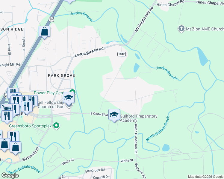 map of restaurants, bars, coffee shops, grocery stores, and more near 2410 Minorwood Road in Greensboro