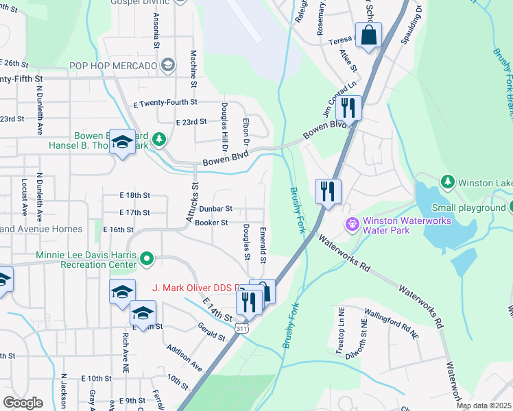 map of restaurants, bars, coffee shops, grocery stores, and more near 2411 Dunbar Street in Winston-Salem