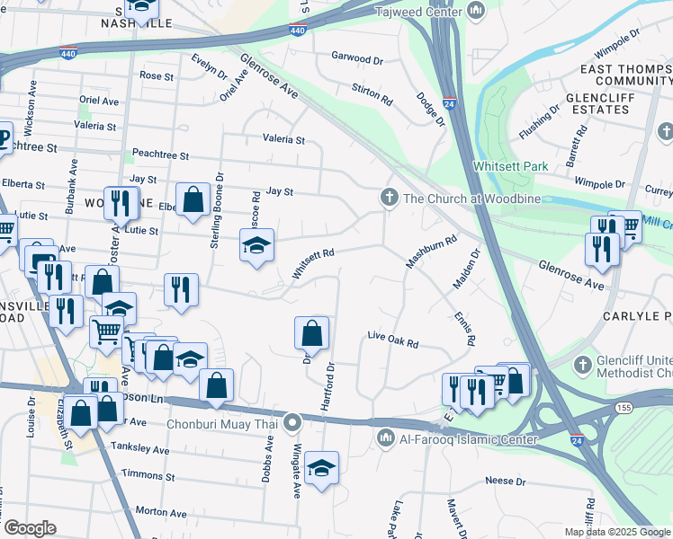 map of restaurants, bars, coffee shops, grocery stores, and more near 2696 Hartford Drive in Nashville