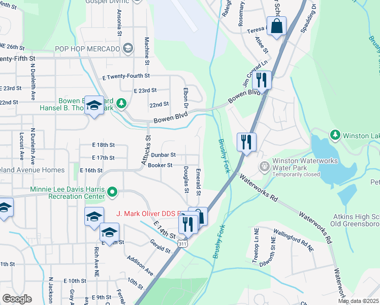 map of restaurants, bars, coffee shops, grocery stores, and more near 2405 Dunbar Street in Winston-Salem