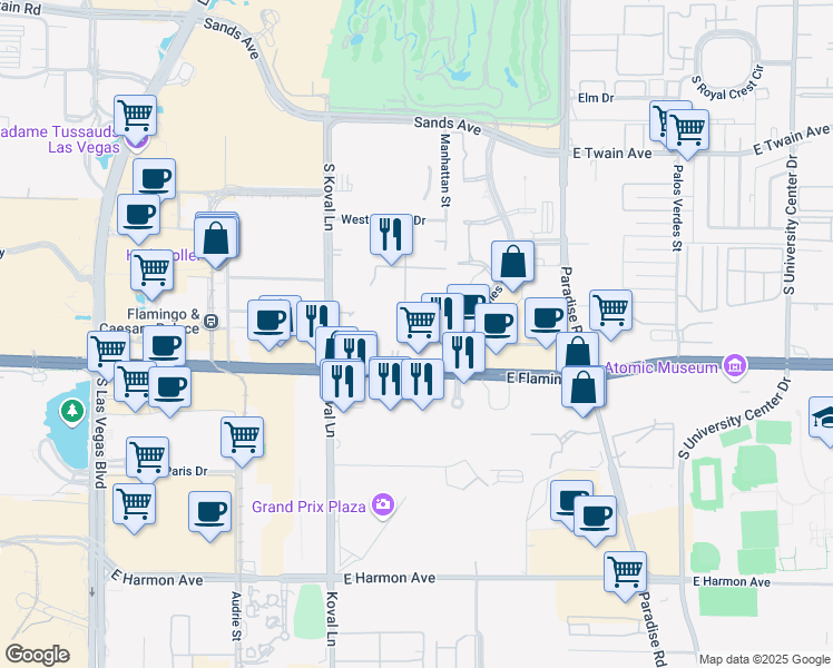 map of restaurants, bars, coffee shops, grocery stores, and more near 270 East Flamingo Road in Las Vegas