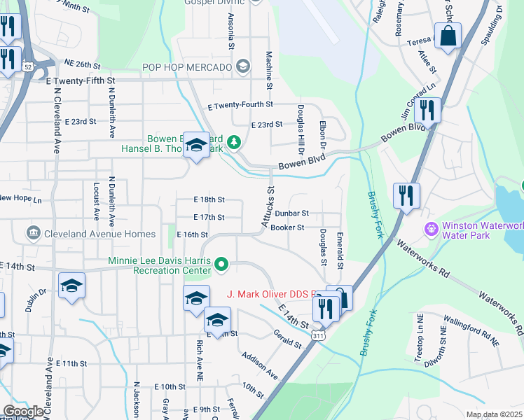 map of restaurants, bars, coffee shops, grocery stores, and more near 1600 Attucks Street in Winston-Salem
