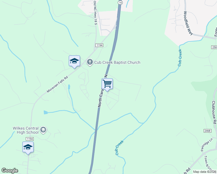 map of restaurants, bars, coffee shops, grocery stores, and more near 30 Country Square Drive in Wilkesboro