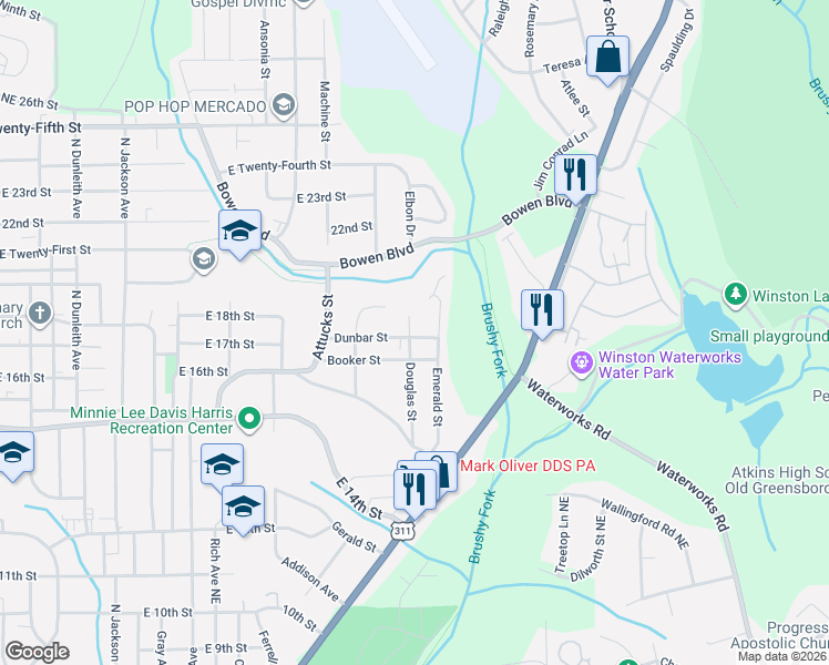 map of restaurants, bars, coffee shops, grocery stores, and more near 2401 Dunbar Street in Winston-Salem