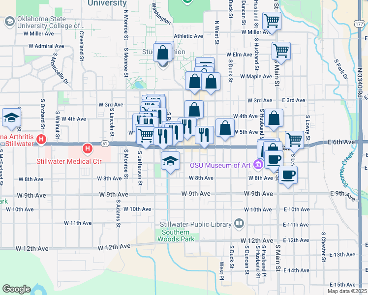 map of restaurants, bars, coffee shops, grocery stores, and more near South Hester Street in Stillwater