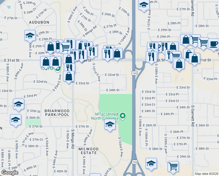 map of restaurants, bars, coffee shops, grocery stores, and more near 10127 East 34th Street in Tulsa