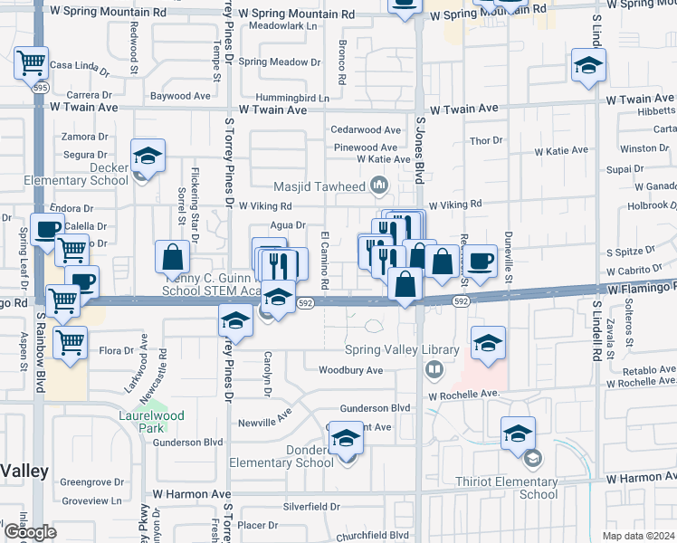 map of restaurants, bars, coffee shops, grocery stores, and more near 6250 West Flamingo Road in Las Vegas