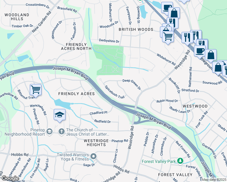 map of restaurants, bars, coffee shops, grocery stores, and more near 3510 Spicebush Trail in Greensboro