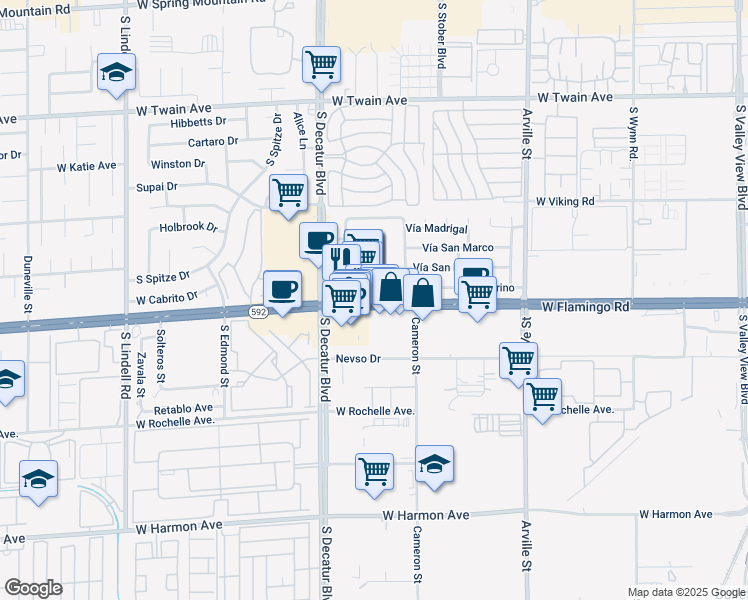 map of restaurants, bars, coffee shops, grocery stores, and more near 4740 West Flamingo Road in Las Vegas