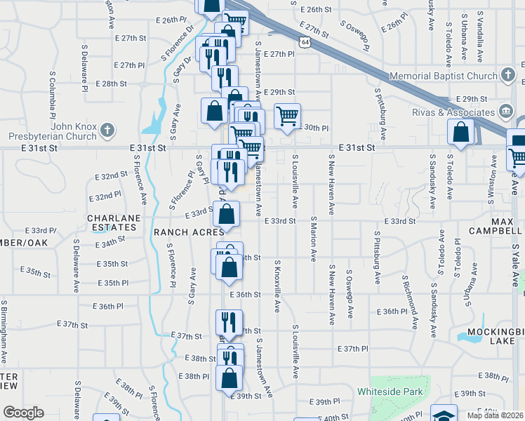 map of restaurants, bars, coffee shops, grocery stores, and more near 3237 South Jamestown Avenue in Tulsa
