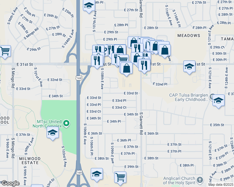 map of restaurants, bars, coffee shops, grocery stores, and more near 10848 East 33rd Street in Tulsa