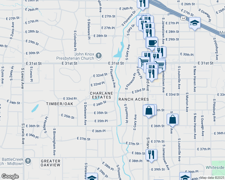 map of restaurants, bars, coffee shops, grocery stores, and more near 3253 South Evanston Avenue in Tulsa