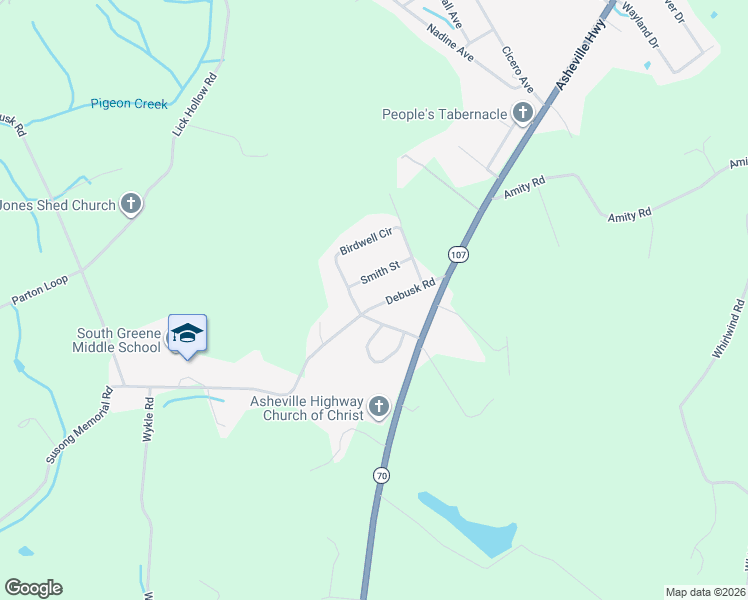 map of restaurants, bars, coffee shops, grocery stores, and more near 220 Debusk Road in Greeneville