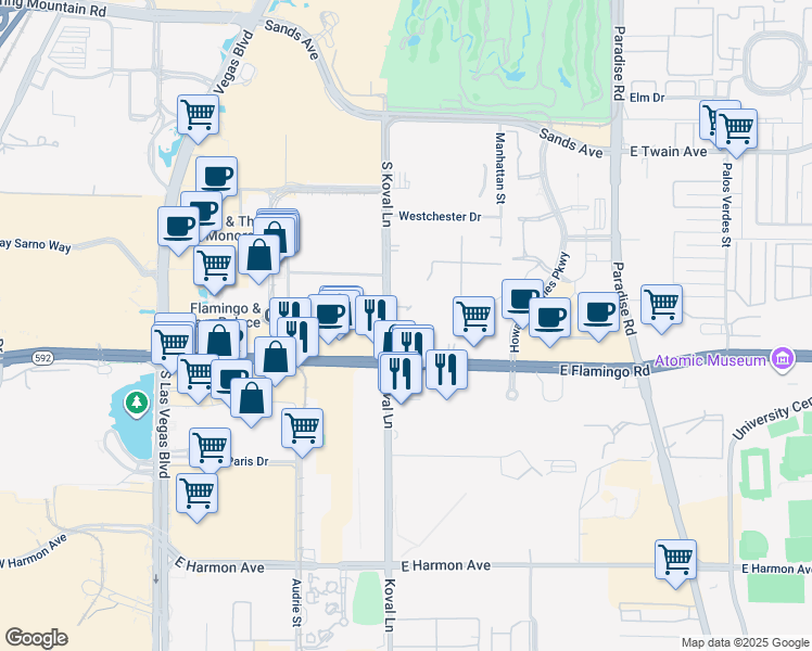 map of restaurants, bars, coffee shops, grocery stores, and more near 220 East Flamingo Road in Las Vegas