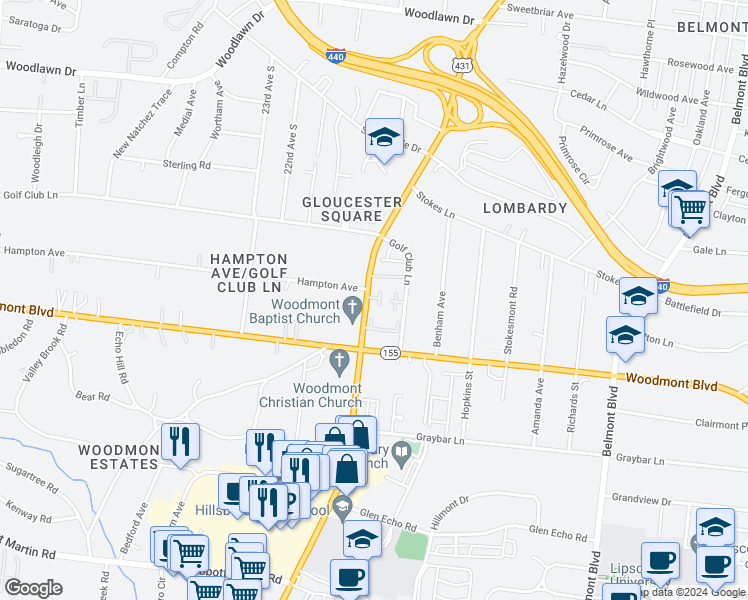 map of restaurants, bars, coffee shops, grocery stores, and more near 136 Hampton Place in Nashville