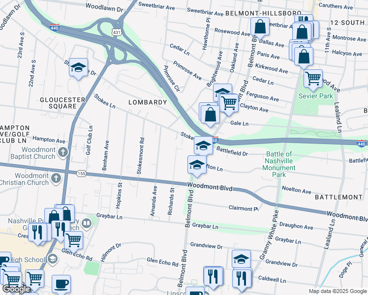 map of restaurants, bars, coffee shops, grocery stores, and more near 115 Stokeswood Place in Nashville