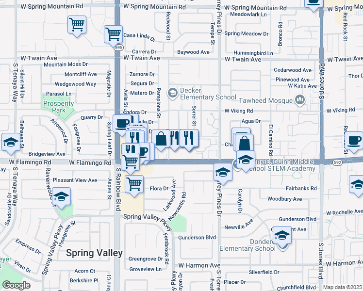 map of restaurants, bars, coffee shops, grocery stores, and more near 6650 Nevada 592 in Las Vegas
