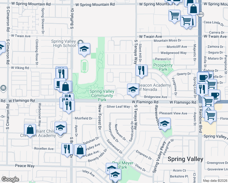 map of restaurants, bars, coffee shops, grocery stores, and more near 7570 West Flamingo Road in Las Vegas