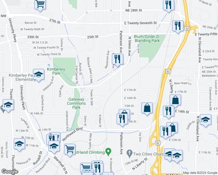 map of restaurants, bars, coffee shops, grocery stores, and more near 1628 North Chestnut Street in Winston-Salem