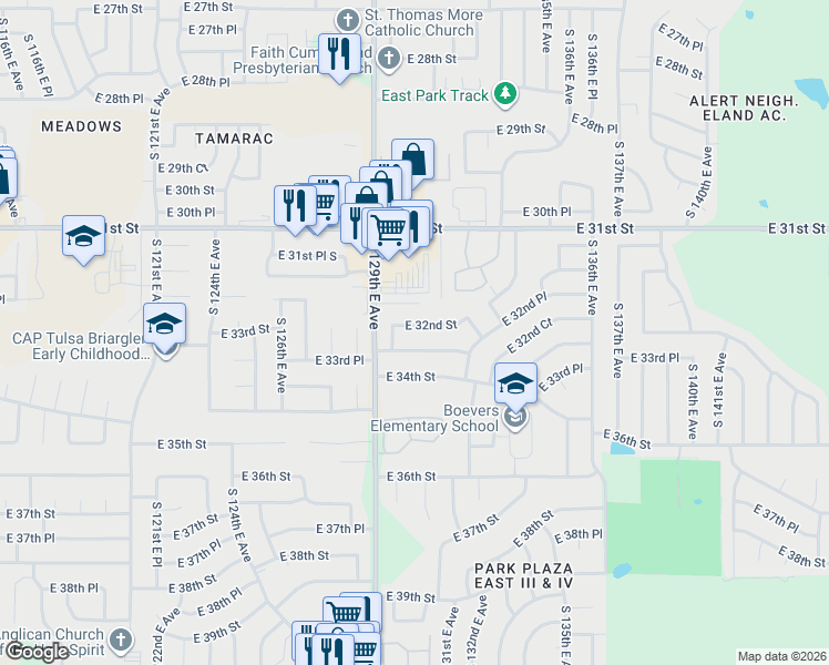 map of restaurants, bars, coffee shops, grocery stores, and more near 12927 East 33rd Street in Tulsa