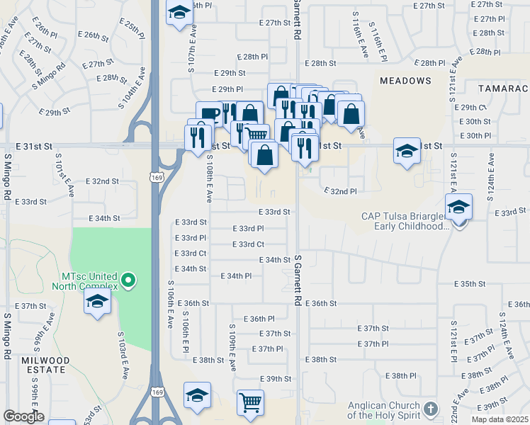 map of restaurants, bars, coffee shops, grocery stores, and more near 10882 East 33rd Street in Tulsa